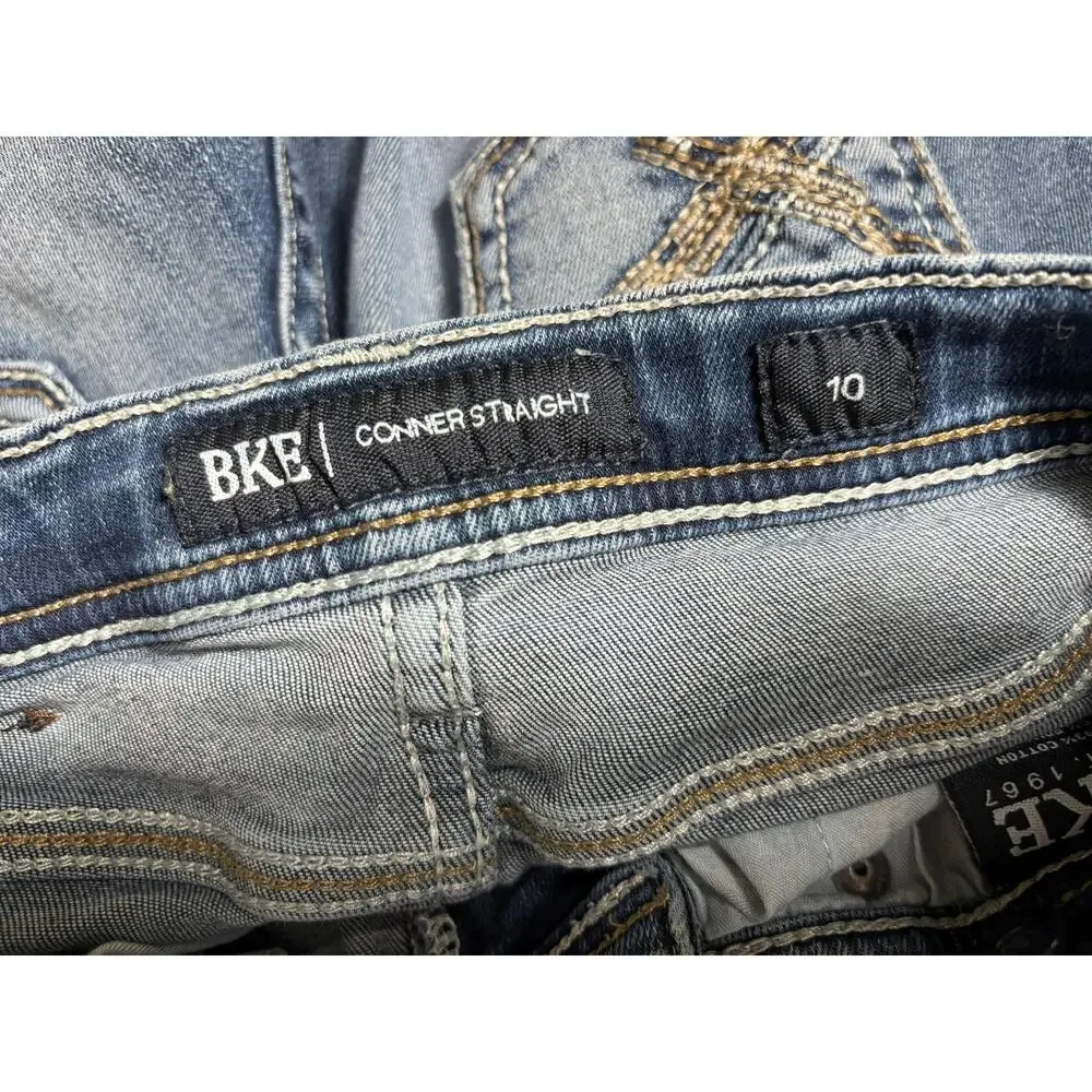 BKE Conner Straight Jeans Womens 10 Blue Medium Wash Embroidered Stretch Denim